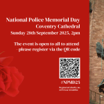NPMD25 event graphic with photo of a rose and Coventry Cathedral
